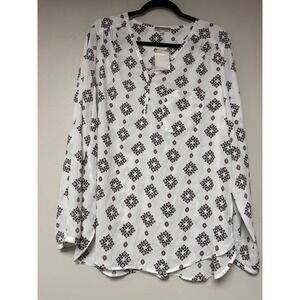 pleione Women's‎ XL Long Sleeve White Pink Black Tile Print Blouse